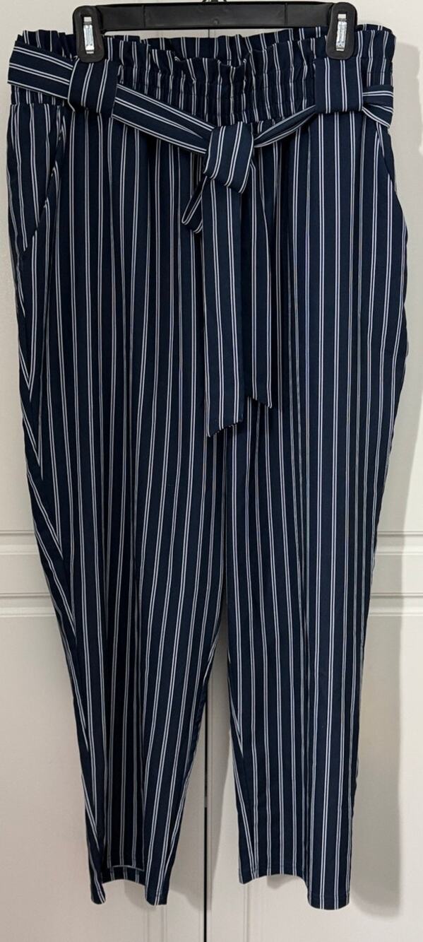 Grace Karin Blue/White Striped Straight Leg Pants with Self Belt Size 2XL